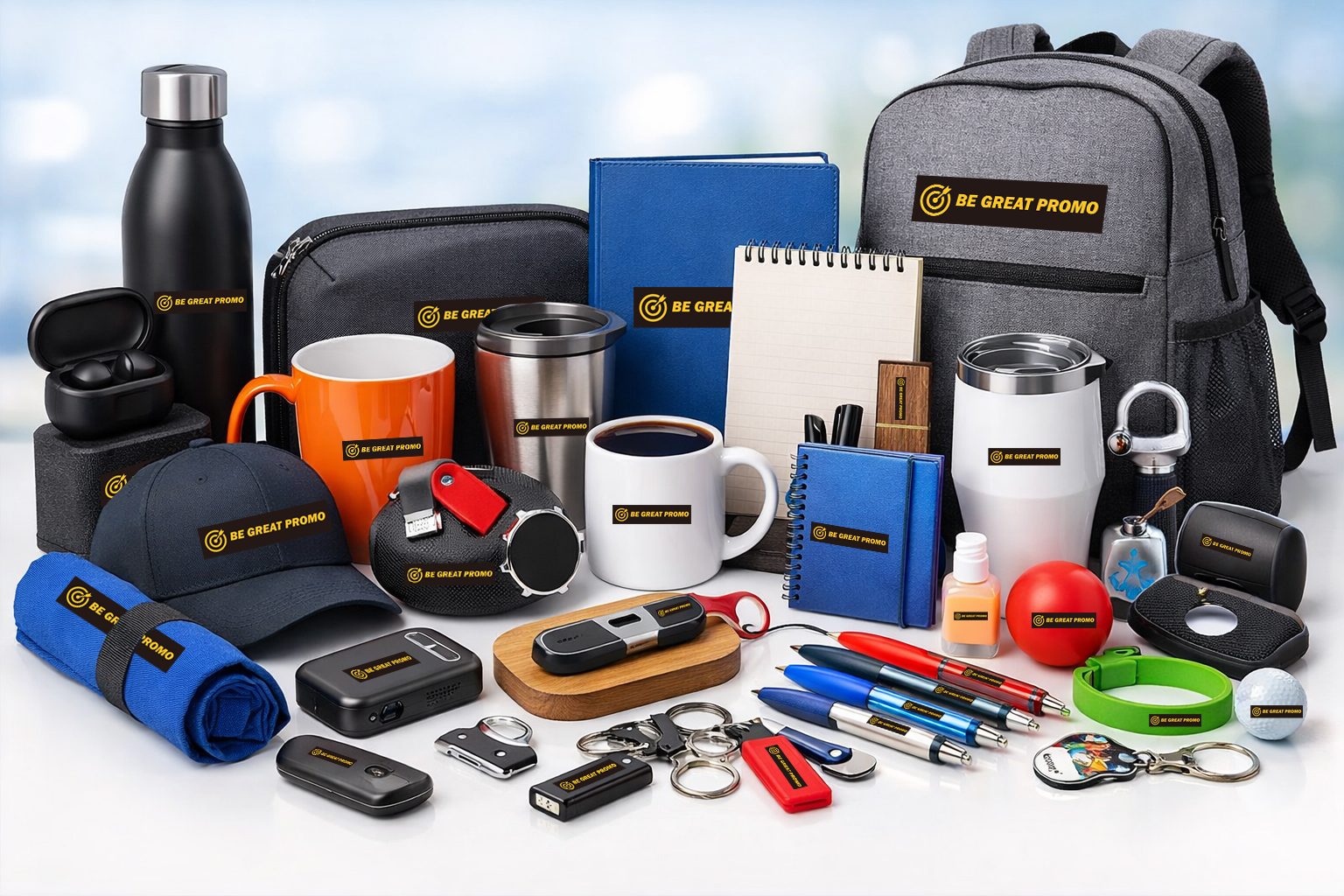 A collection of branded promotional products